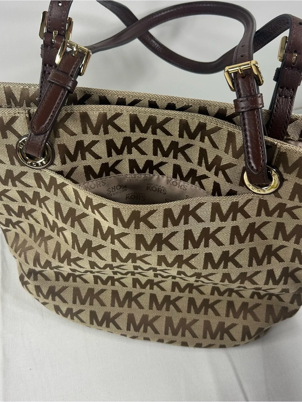Michael Kors Jet Set Signature Jacquard Medium Tote Bag Tan 38T2XTTT2J EUC